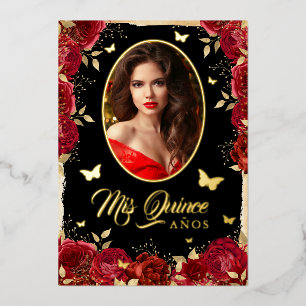 Foto Quinceanera Rot Gold Rose Schmetterling  Folieneinladung