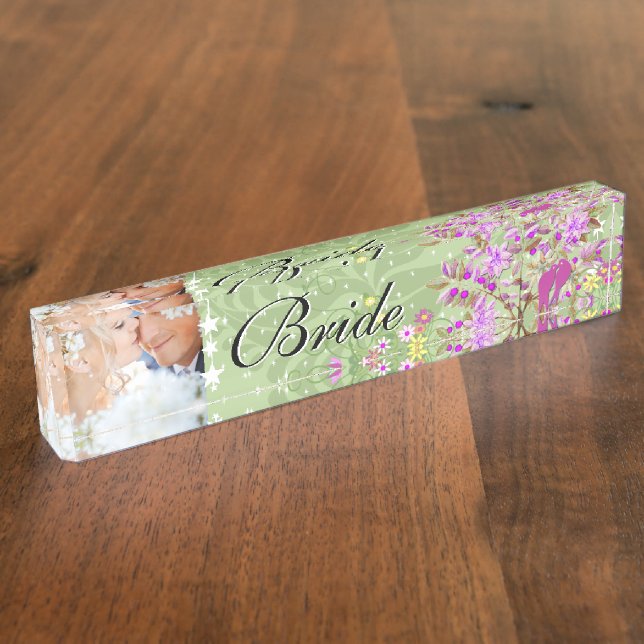 Foto Radiant Orchid Bride Love Bird Wedding Namensplakette (Seite)