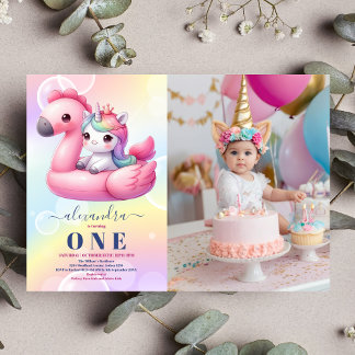 Foto Rainbow Unicorn 1. Geburtstag Girls Pastel Einladung