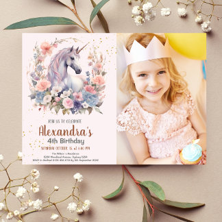 Foto Rainbow Unicorn Gold Glitzer Girl Birthday Einladung