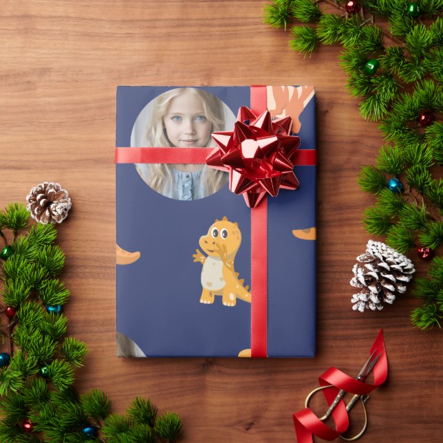 Foto-Ready Niedlich Dinos auf Dunkelblau Geschenkpapier (Feiertagsgeschenk)