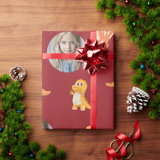 Foto-Ready Niedlich Dinos auf Dunkelrot Geschenkpapier (Feiertagsgeschenk)