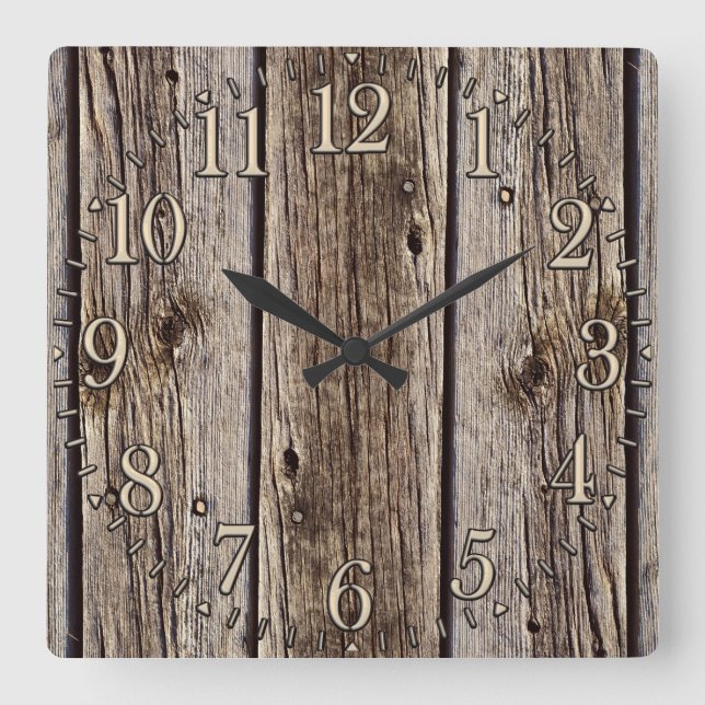 Foto Realistisch-rustikale, gewitterte Holzplatte Quadratische Wanduhr (Vorderseite)