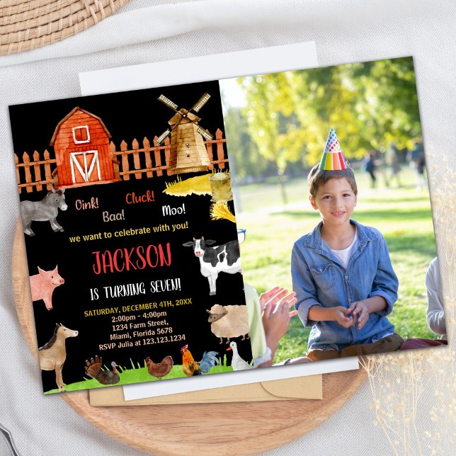 Foto Red Black Farm Animans Geburtstag Einladung (Photo Red Black Red Farm Animals Birthday Invitation)