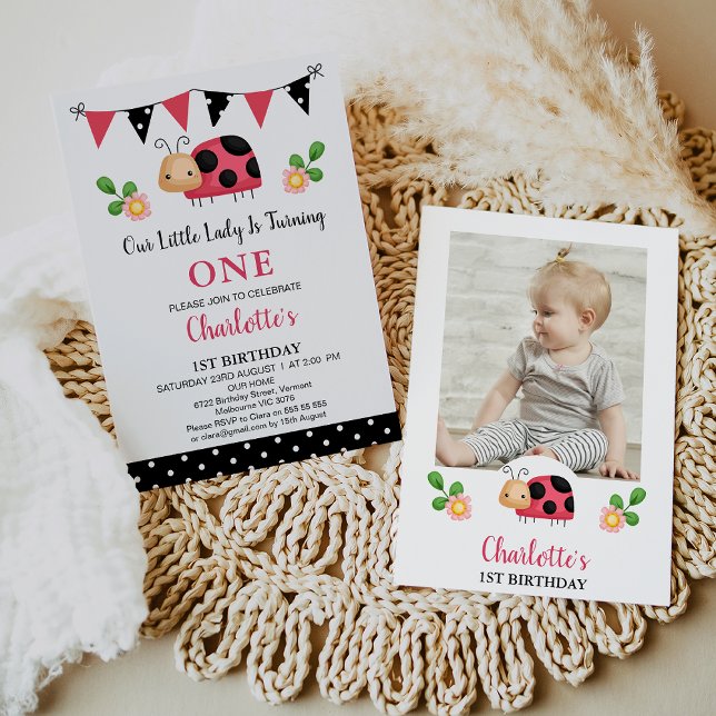 Foto Red Black Our Little Ladybug 1. Geburtstag Einladung (Ladybug 1st Birthday Invitation Template With Photo, Our Little Lady Ladybug Birthday Invite Bunting)