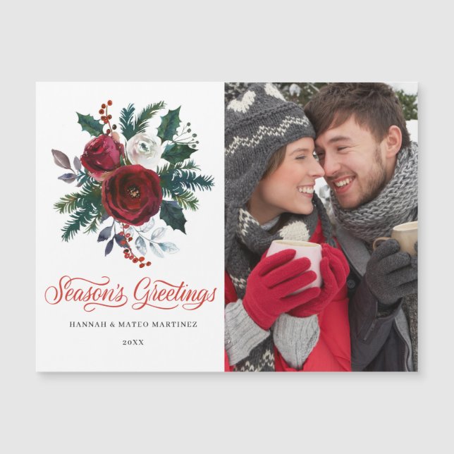 FOTO Red Floral Weihnachtsfeiertag Magnetkarte (Vorderseite)