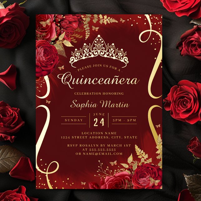 Foto Red Gold Floral Scroll Quinceanera Folieneinladung (Von Creator hochgeladen)