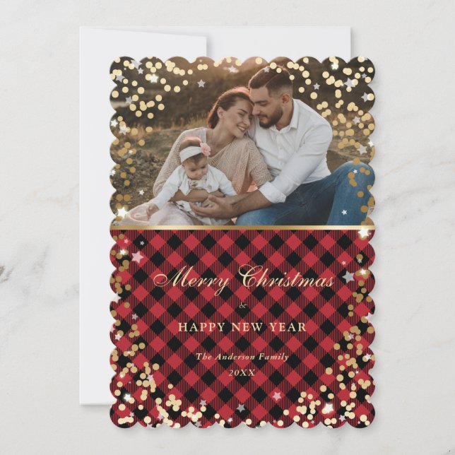 Foto Red Gold Kariert Frohe Weihnachten und Neujah (Vorderseite)