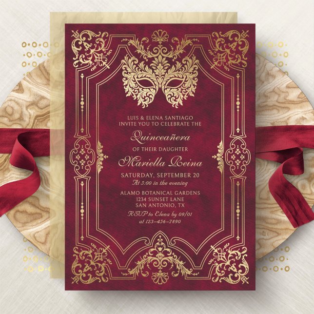 Foto Red Gold Masquerade Quinceanera Einladung (Von Creator hochgeladen)