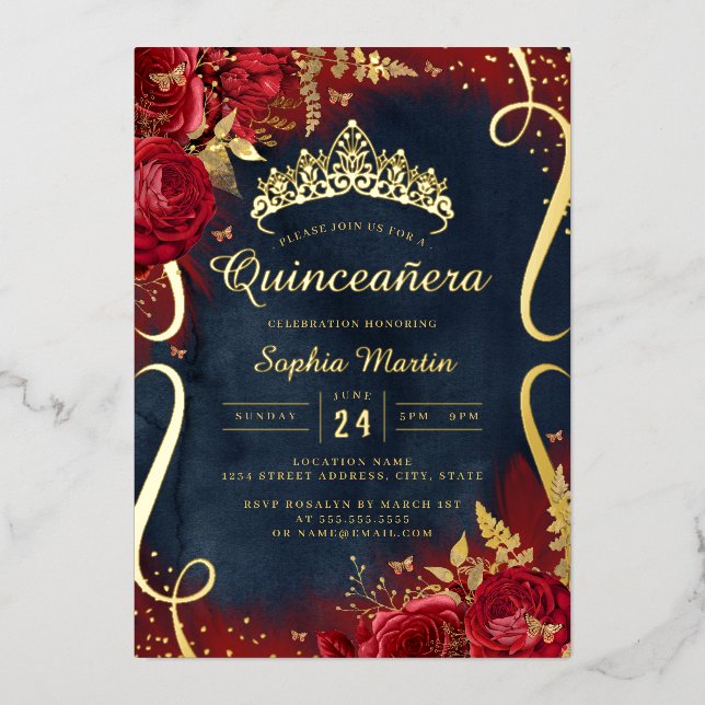 Foto Red Gold Navy Floral Scroll Quinceanera Folieneinladung (Vorderseite)
