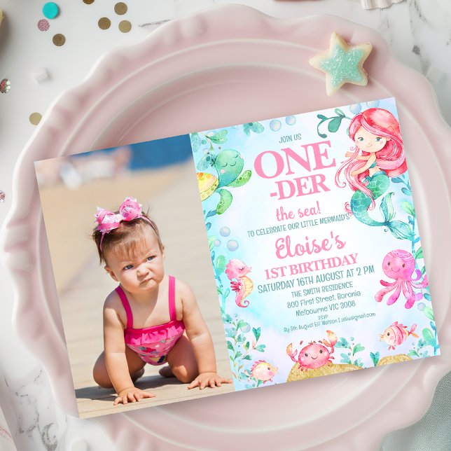 Foto Red Mermaid Oneder Sea 1. Geburtstag Einladung (Girls Oneder The Sea Birthday Invitation with Mermaid, Under The Sea Themed Birthday Invitation )