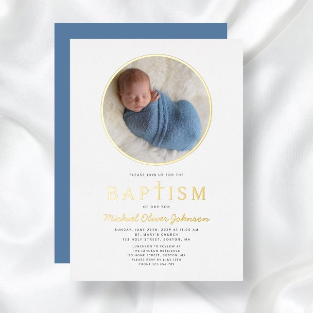 Foto Religiöse Cross Boy Taufe Gold Folieneinladung (Photo Religious Cross Boy Baptism Gold Foil Invitation)