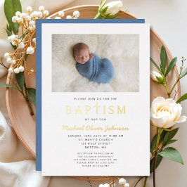 Foto Religious Cross Blue Boy Taufe Gold Folieneinladung