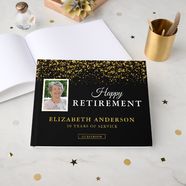 Foto Retirement Party Gäste Black & Gold Glitzer Gästebuch (Vorderseite Offen)