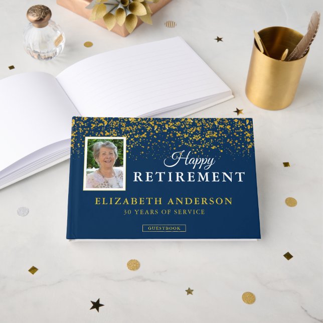 Foto Retirement Party Gäste Blue & Gold Glitzer Gästebuch (Vorderseite Offen)