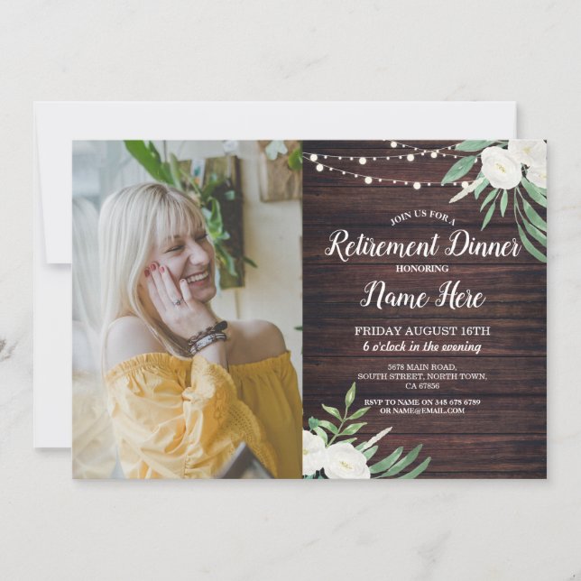 Foto Retirement Party Remüde Holz Weiße Blume Einladung (Vorderseite)