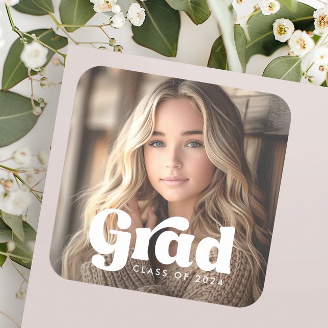 Foto retro grad Klasse des Jahres Abschluss Quadratischer Aufkleber (Photo retro grad class of year graduation square sticker)