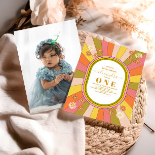 Foto Retro Groovy 70er Jahre 1. Geburtstag Einladung