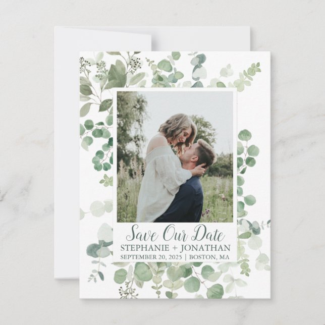 Foto Rette unser Datum mit grünem Eukalyptus-Rahme Save The Date (Vorderseite)