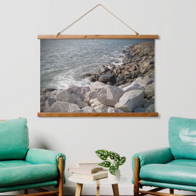 Foto Rocky Ocean Shore Wandteppich Mit Holzrahmen (Wohnzimmer)