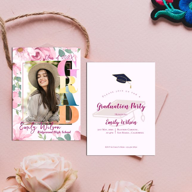 Foto Rosa Bläsernte Graduation Party Mini Einladun Begleitkarte (Photo Pink Floral Graduation Party Mini Invitation)