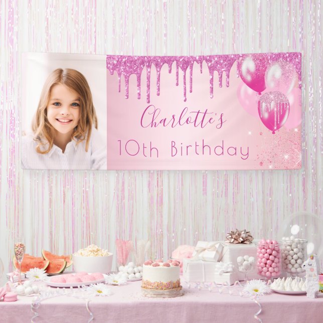 Foto Rosa Glitzer-Monogramm-Banner Banner (Party)