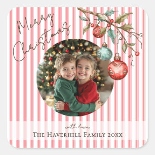 Foto Rosa Streifen & Ornamente Frohe Weihnachten Quadratischer Aufkleber