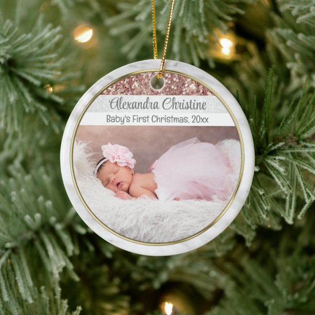 Foto Rose Gold Doppelseitiges 2 Picture Baby First Keramik Ornament (Baum)