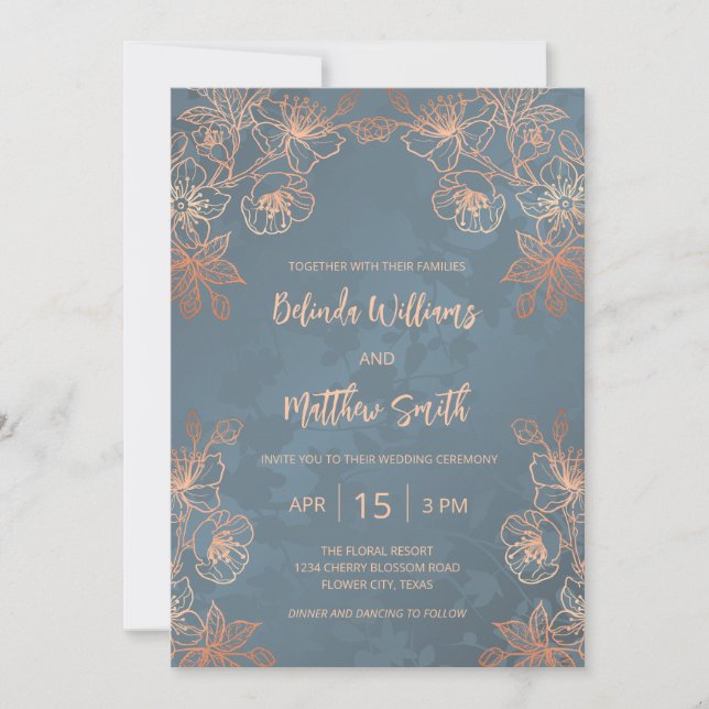 Foto Rose Gold Dusty Blue Wedding Einladung (Vorderseite)