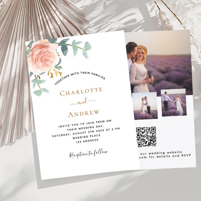 Foto Rose Gold florales Foto QR UAWG Hochzeit Einladung (Von Creator hochgeladen)
