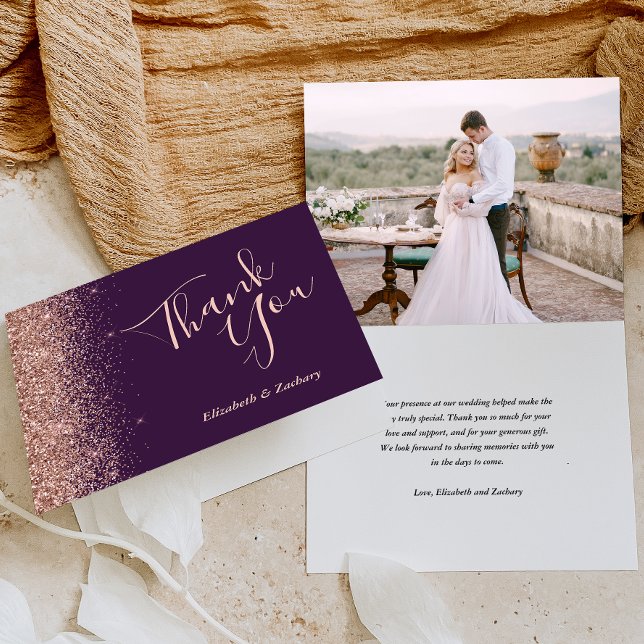 Foto Rose Gold Glitzer Lila Hochzeit Vielen Dank Karte (Von Creator hochgeladen)
