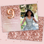 Foto Rose Gold Kids Girl 9. Geburtstagsparty Einladung<br><div class="desc">Foto Rose Gold 9. Geburtstagsfeier Einladung für ein 9-jähriges Mädchen mit elegantem Drehbuch und lustigen Ballons.</div>