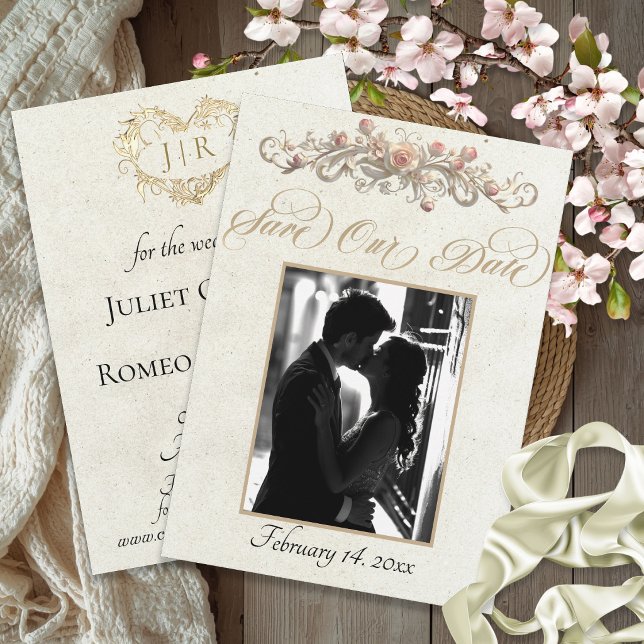 Foto, Rosen & Monogramm - Creme Save The Date (Von Creator hochgeladen)
