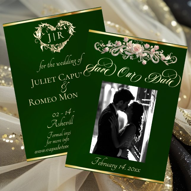 Foto, Rosen & Monogramm - Smaragdgrün Save The Date (Von Creator hochgeladen)