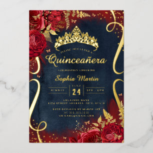 Foto Rot Gold Navy Florales Scroll Quinceanera  Folieneinladung