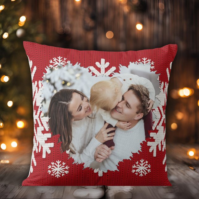 Foto Rot und Weiß Winterherz Doppelseitig Kissen (Red And White Winter Heart Personalized Photo Double Sided Throw Pillow)