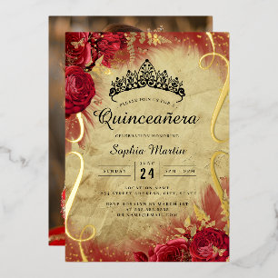 Foto Rote Florale Quinceanera-Rolle  Folieneinladung