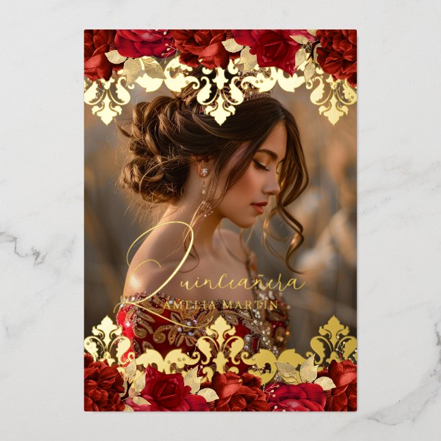 Foto Rote Rose Gold Damask Blumenkohle Folieneinladung (Vorderseite)