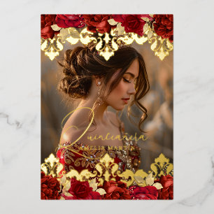Foto rote Rose Gold Damast Blumen Quinceanera Folieneinladung