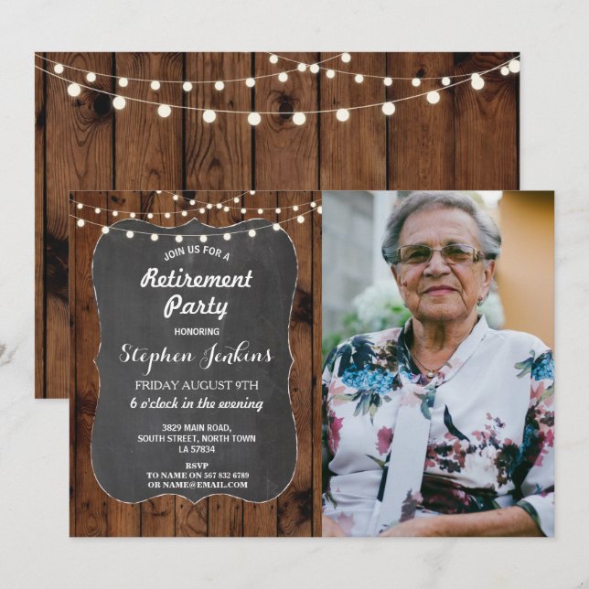 Foto-Ruhestands-Party-rustikale Licht-Holz-Kreide Einladung (Vorne/Hinten)