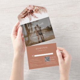 Foto Rustic QR Code Boho Terracotta Wedding All In One Einladung