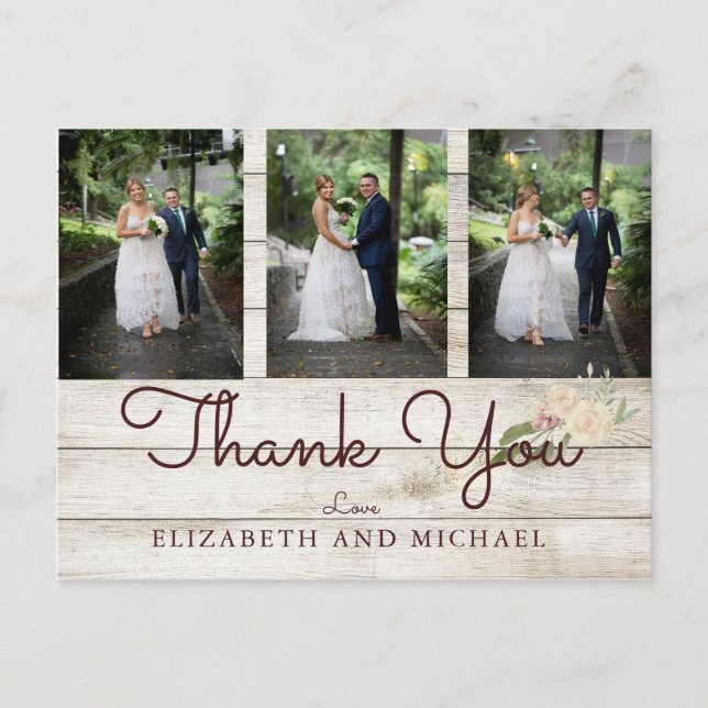 Foto Rustic Wood Floral Wedding Modern Vielen Dank Postkarte (Vorderseite)