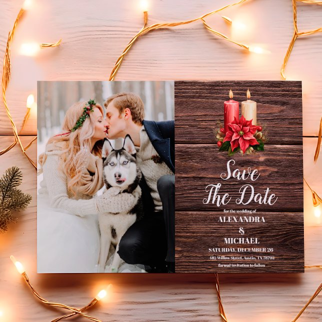 Foto Rustic Wood Poinsettia Weihnachtsfeier Save The Date (Von Creator hochgeladen)