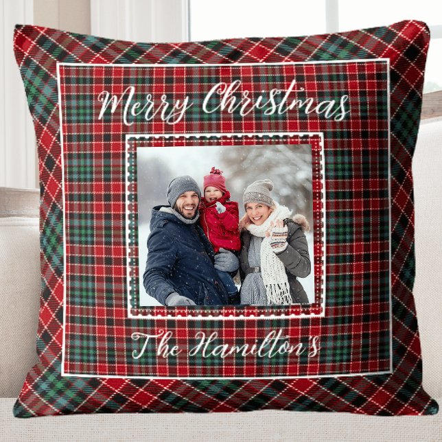 Foto Rustikale Weihnachten Kariert Kissen (Family Photo Rustic Christmas Plaid Throw Pillow)