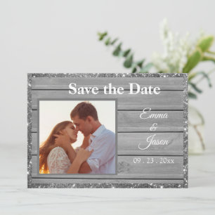 Foto Rustikaler grauer Glitzer Holzkörnige Typogra Save The Date