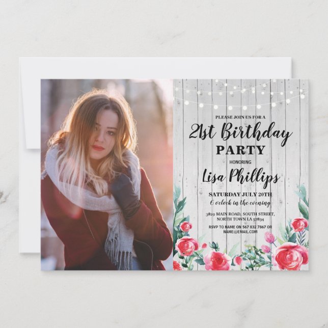 Foto Rustikales 21. Geburtstag Party Rotes Blumenh Einladung (Vorderseite)