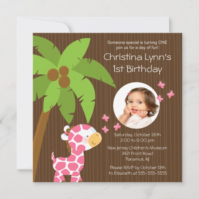 Foto Safari Jungle Giraffe Geburtstagsparty Einladung (Vorderseite)