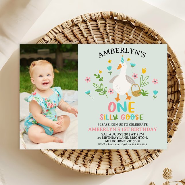 Foto Sage One Albern Gänse 1. Geburtstag Einladung (One Silly Goose Birthday Invitation Template, First Birthday Themed Birthday Invitation Girl)