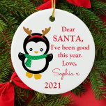 Foto Santa I war ein guter Pinguin Weihnachtskeram Keramik Ornament<br><div class="desc">Dieses Weihnachtsschmuck zeichnet sich durch ein niedlich festliches Pinguindesign aus. Personalisieren Sie es mit einem Namen,  Jahr und Foto auf der Rückseite.</div>