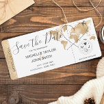 Foto Save the Date Boarding Pass Weltkarte Einladung<br><div class="desc">Destination Beach Wedding Boarding Pass Ticket Gold Flugzeug Save the Date mit Herz und Flugzeug Ikone mit tropischen Blätter.</div>